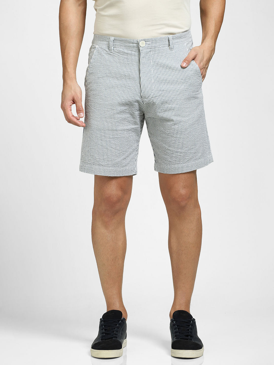 Blue Mid Rise Striped Chinos
