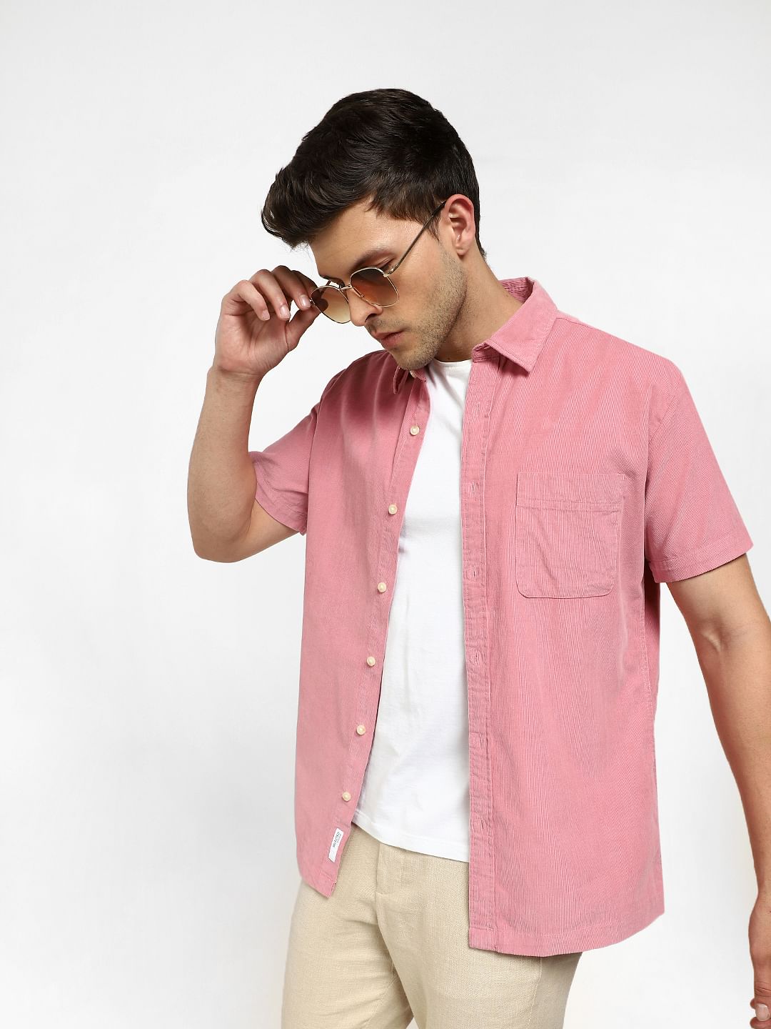 Pink Corduroy Short Sleeves Shirt