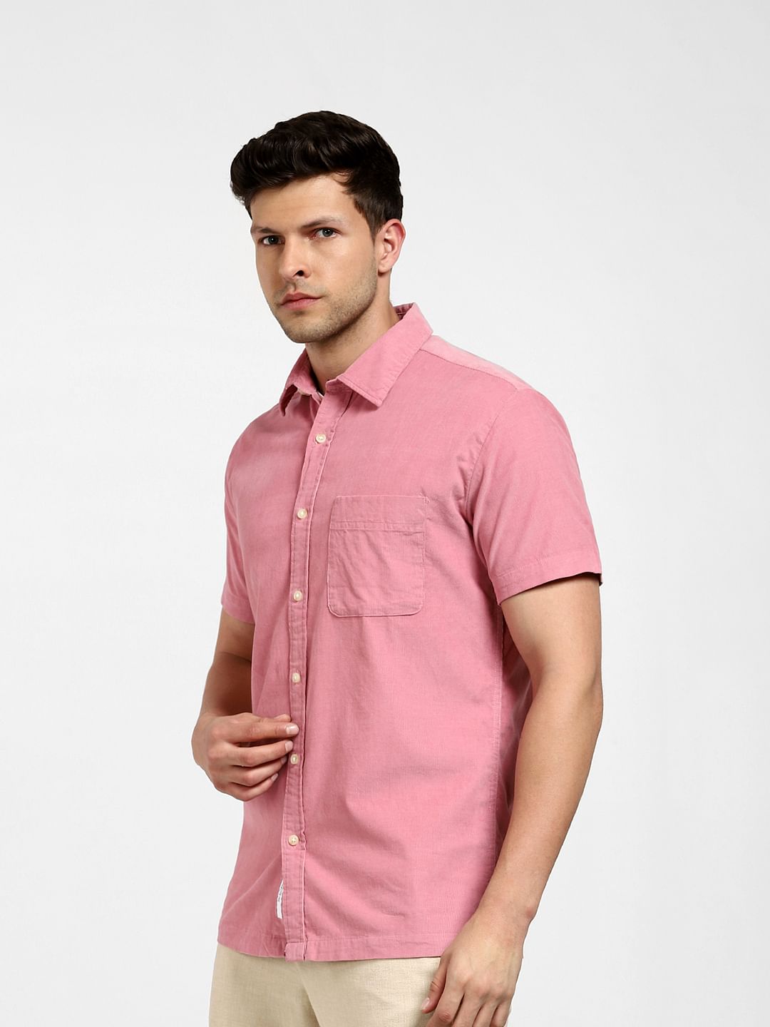 Pink Corduroy Short Sleeves Shirt