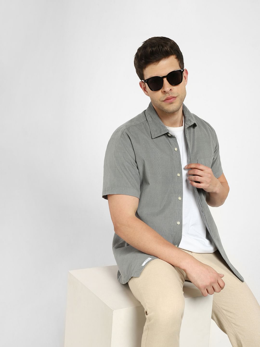 Grey Corduroy Short Sleeves Shirt