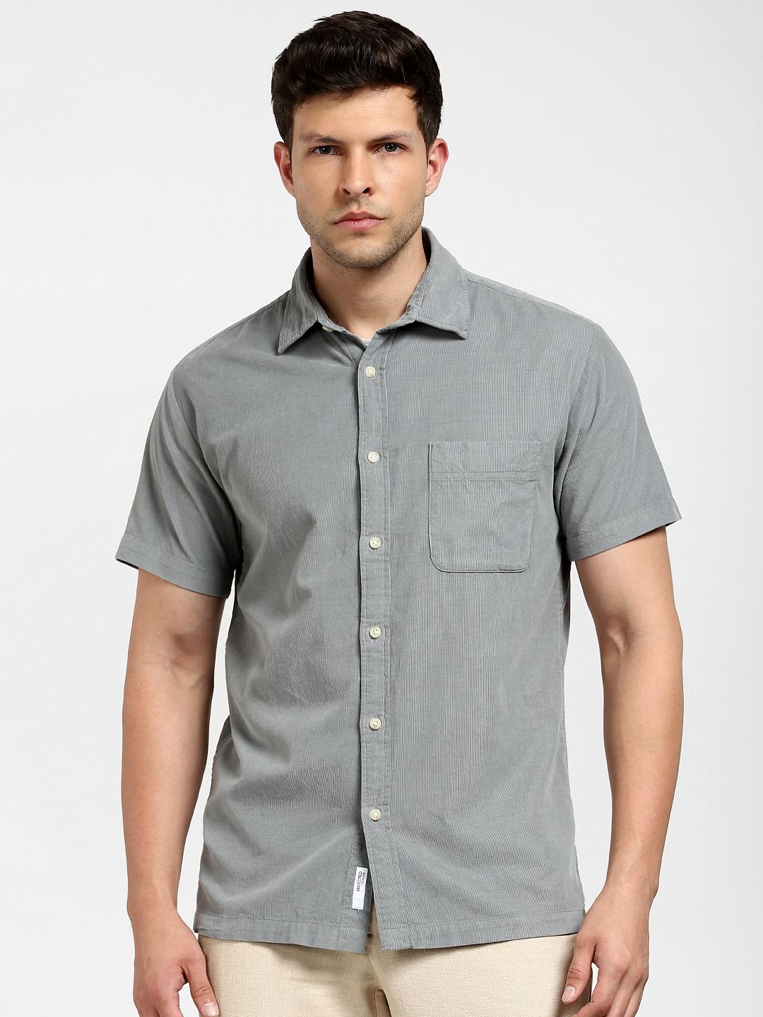 Grey Corduroy Short Sleeves Shirt