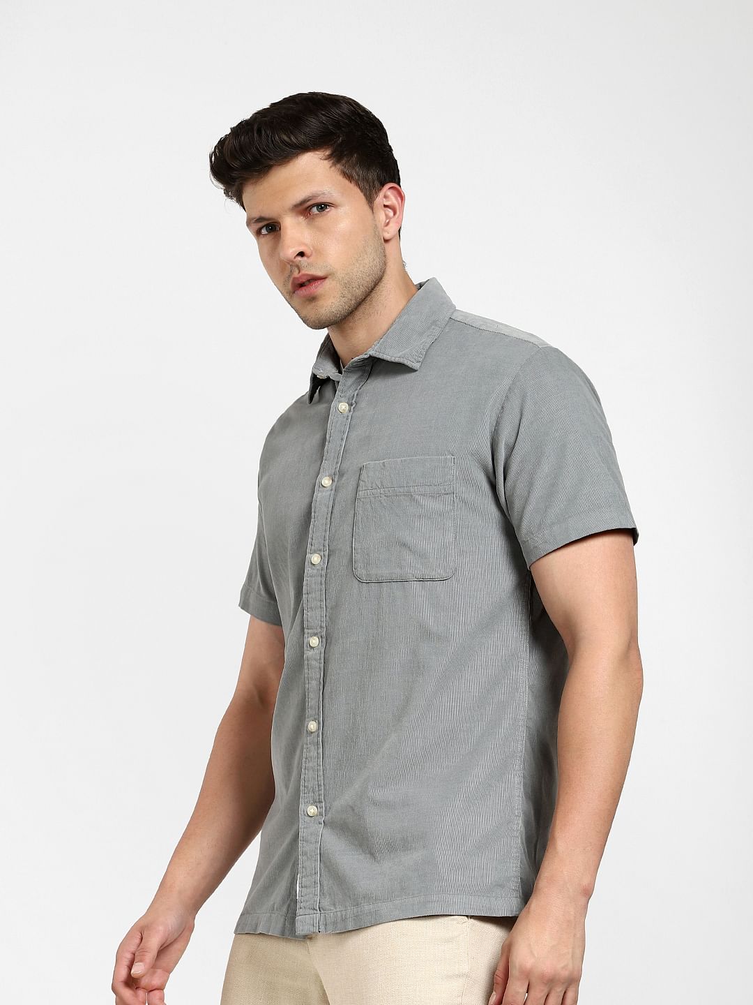 Grey Corduroy Short Sleeves Shirt