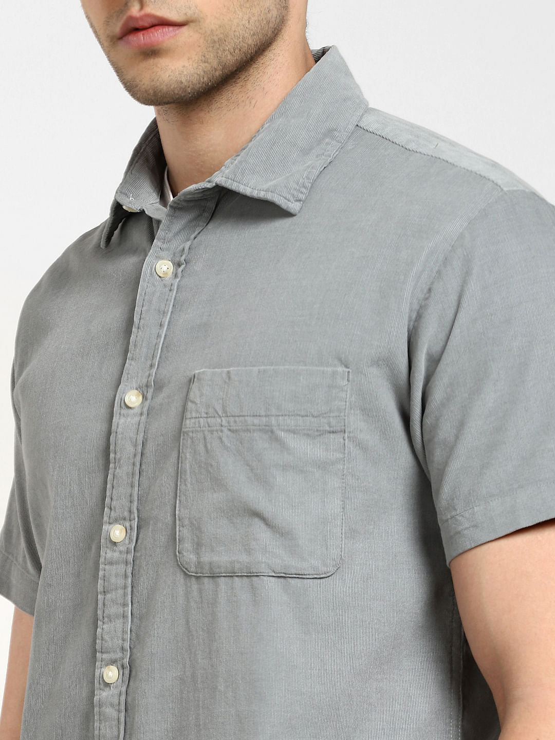 Grey Corduroy Short Sleeves Shirt
