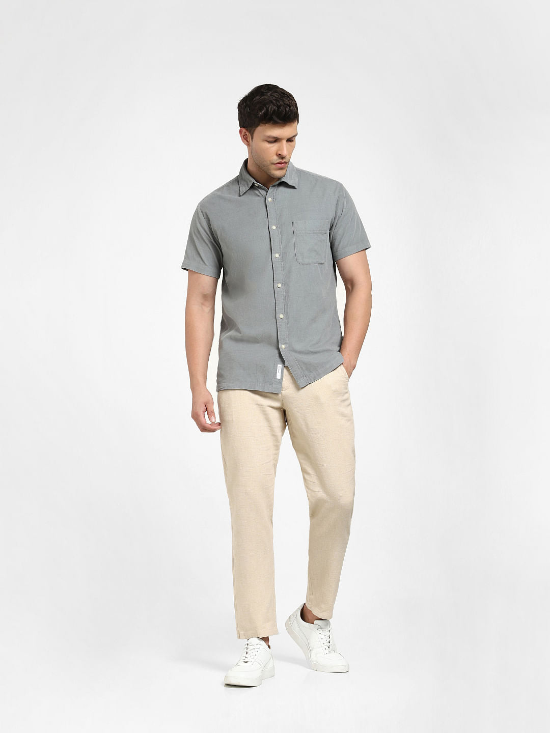 Grey Corduroy Short Sleeves Shirt