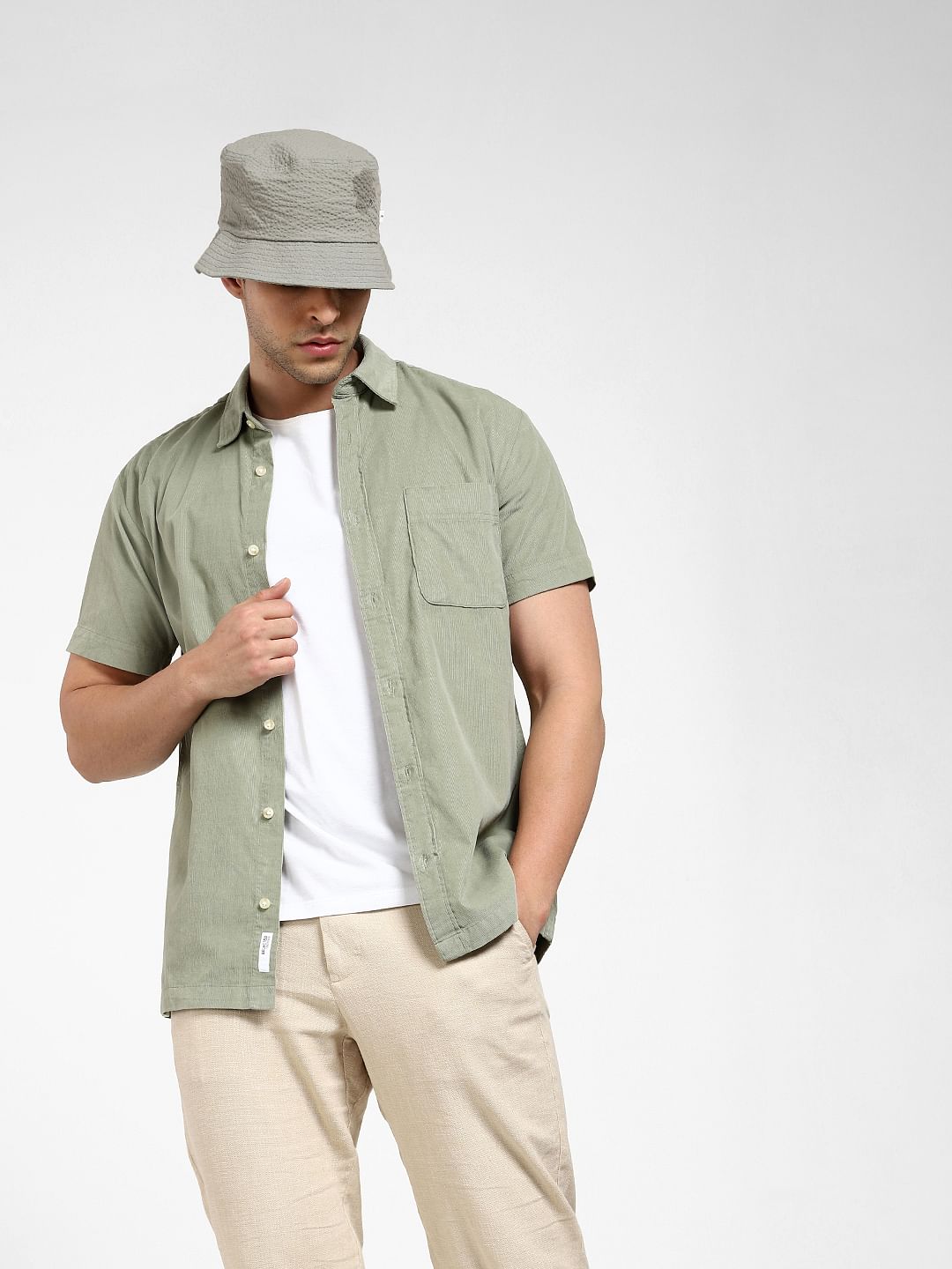 Green Corduroy Short Sleeves Shirt
