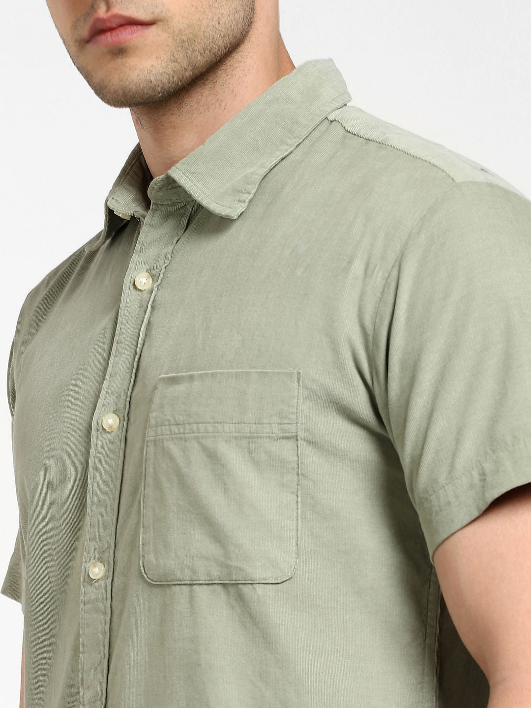 Green Corduroy Short Sleeves Shirt