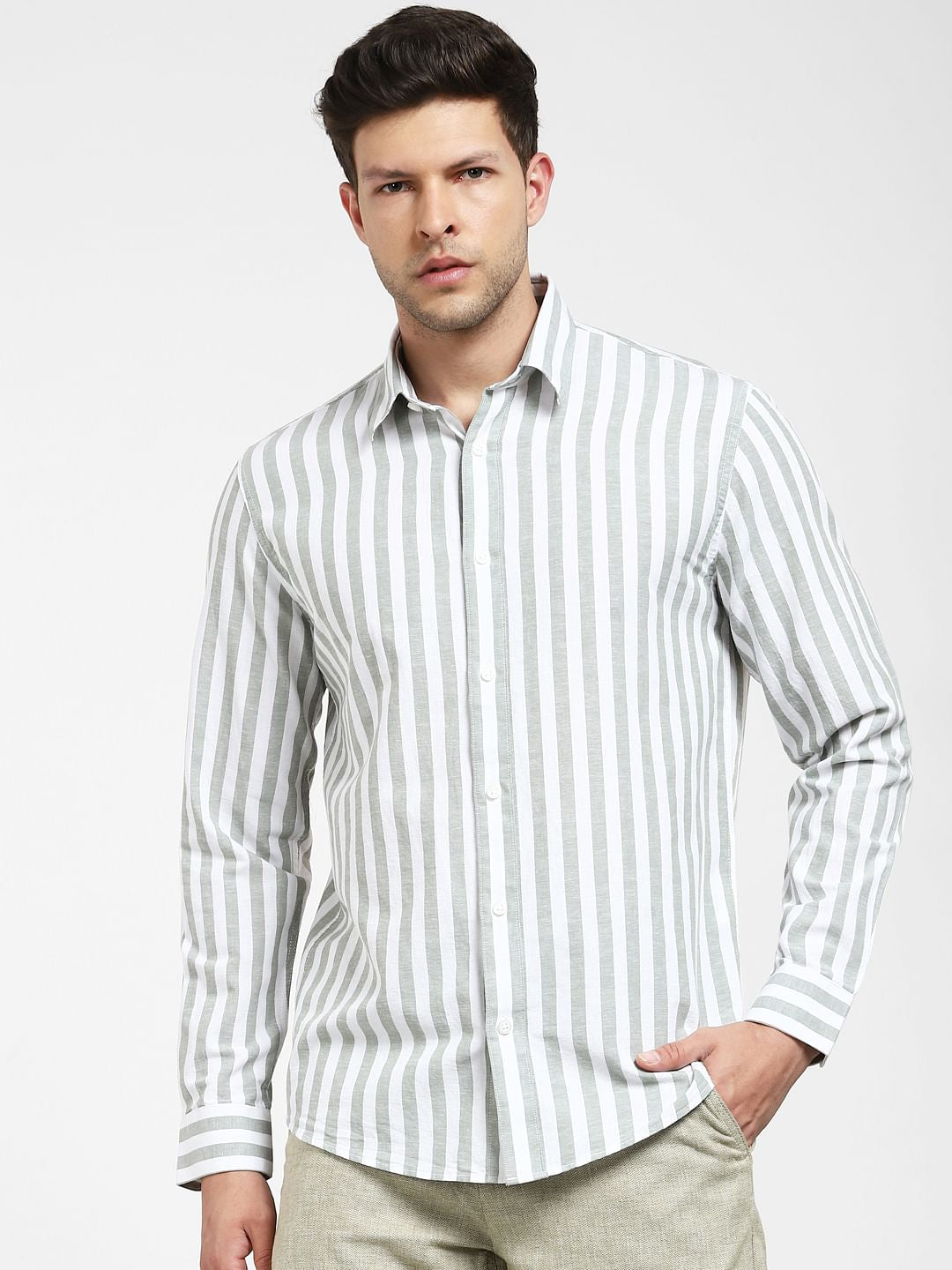 Grey Striped Full Sleeves Shirt