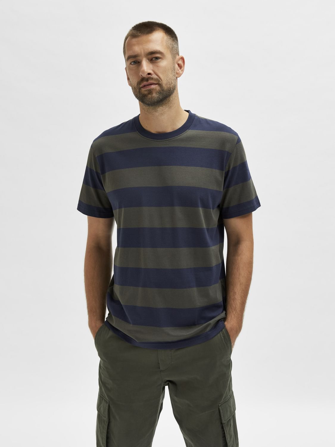 Grey Striped Crew Neck T-Shirt
