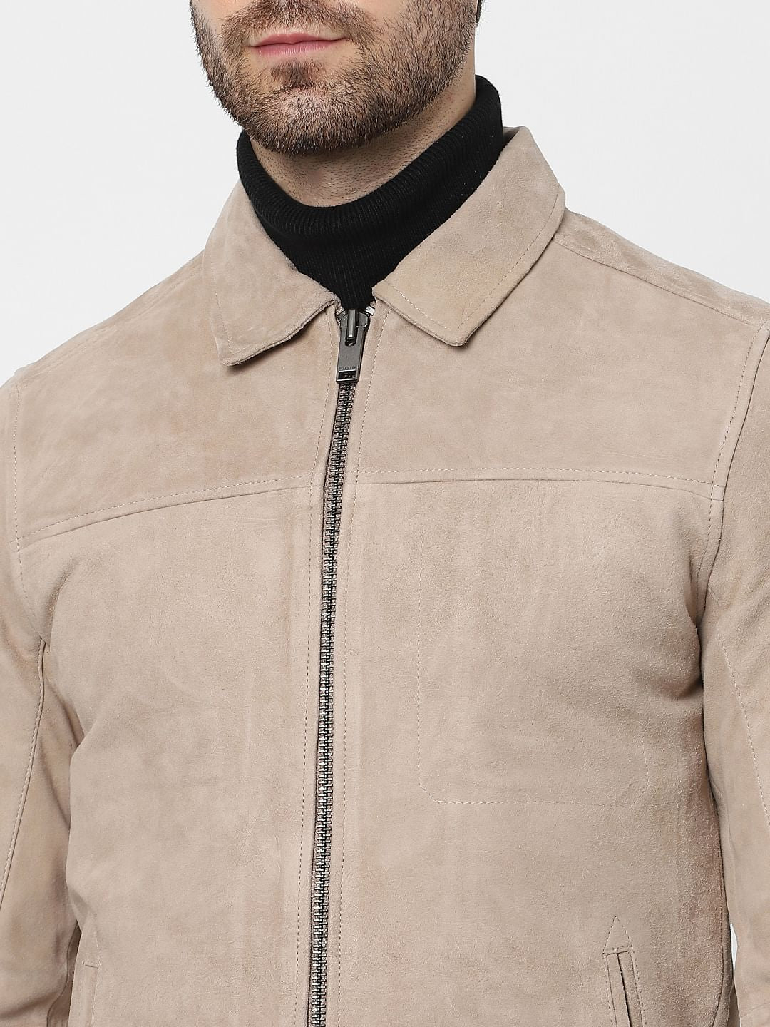 Beige Suede Bomber Jacket