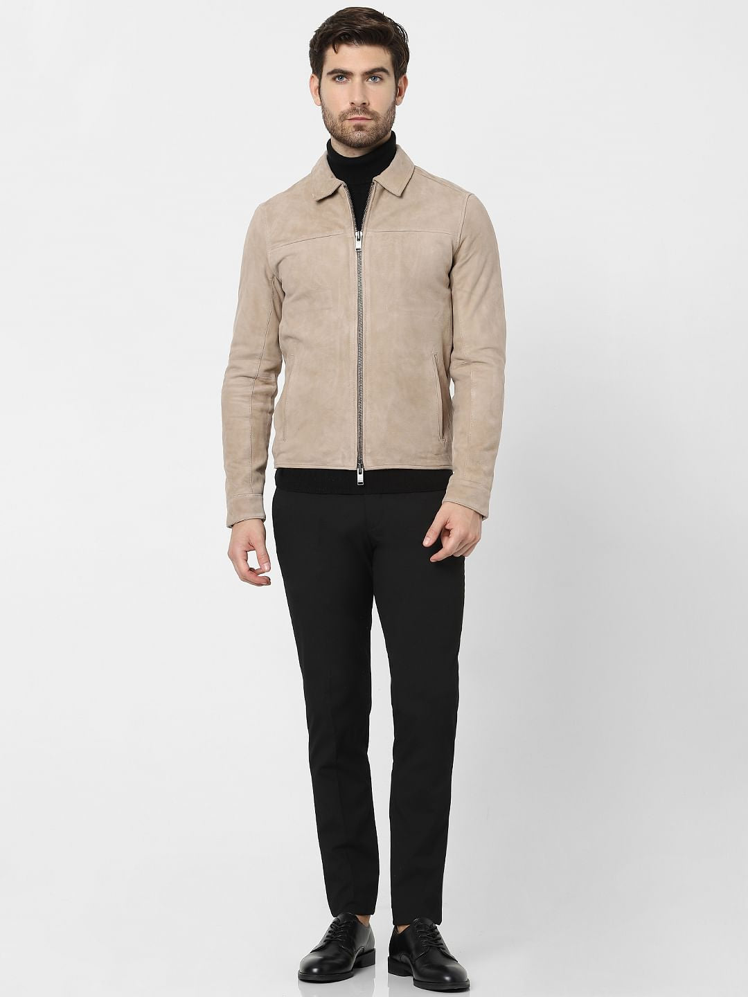 Beige Suede Bomber Jacket