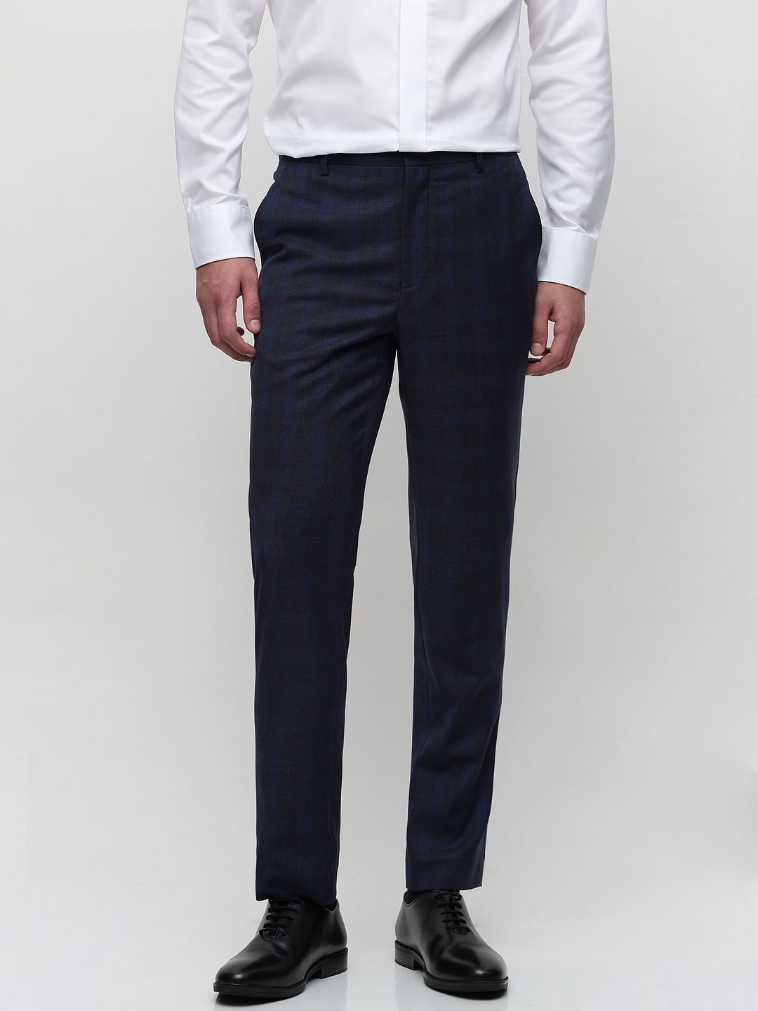 Blue Mid Rise Check Suit-Set Trousers
