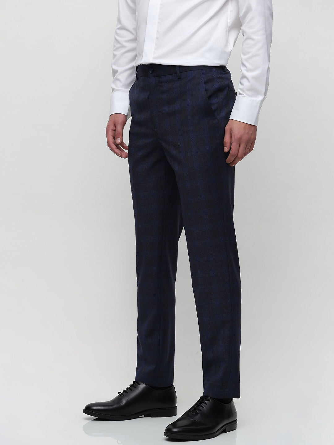 Blue Mid Rise Check Suit-Set Trousers