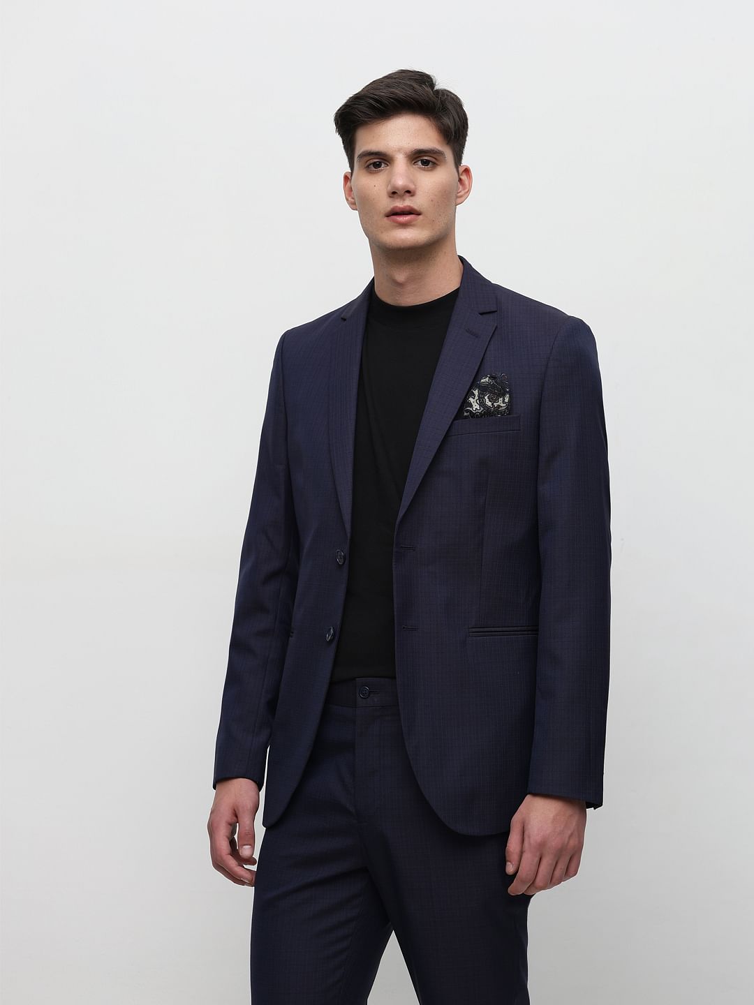 Dark Blue Check Tailored Suit-Set Blazer
