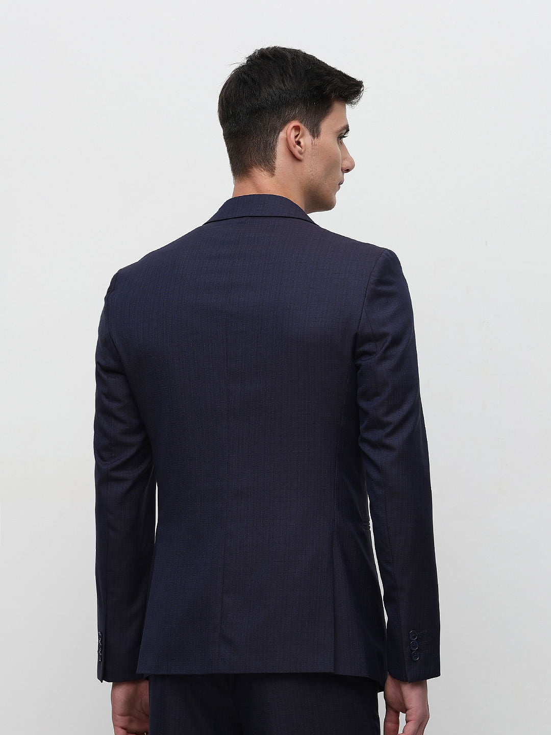 Dark Blue Check Tailored Suit-Set Blazer