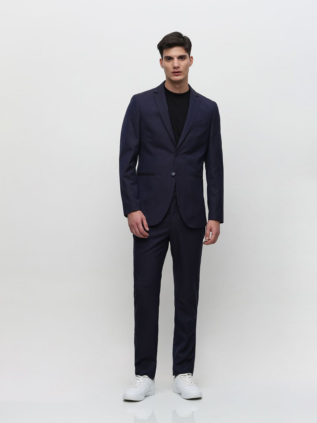 Dark Blue Check Tailored Suit-Set Blazer