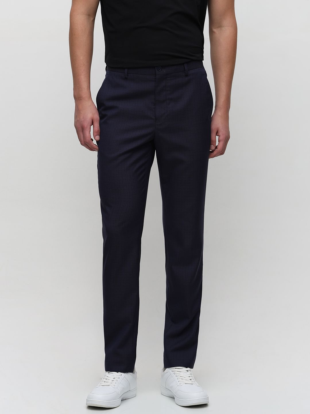 Dark Blue Mid Rise Check Tailored Suit-Set Trousers