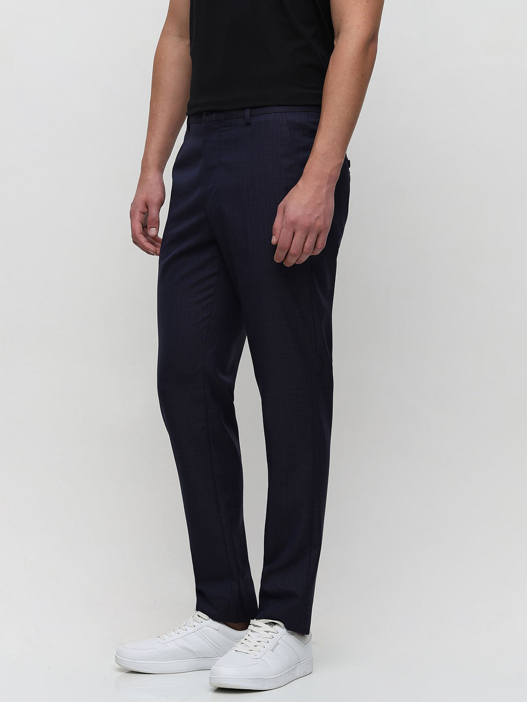 Dark Blue Mid Rise Check Tailored Suit-Set Trousers
