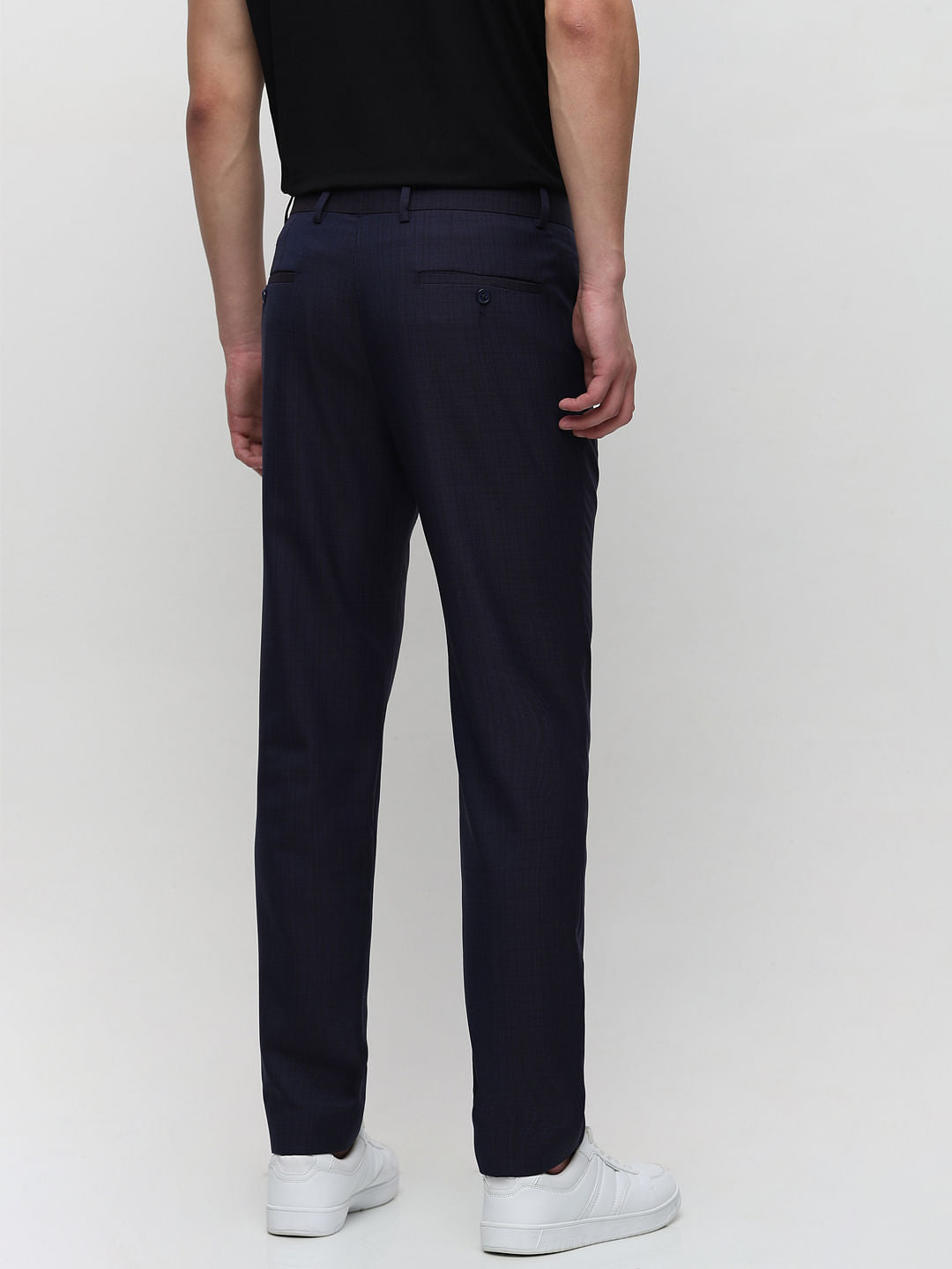 Dark Blue Mid Rise Check Tailored Suit-Set Trousers