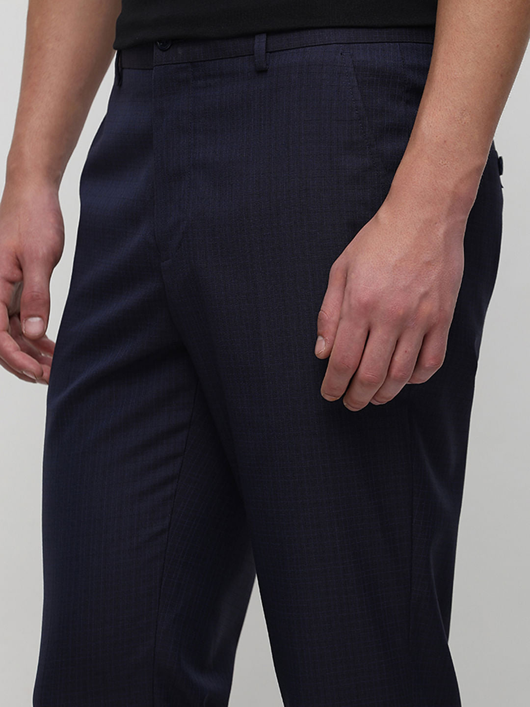Dark Blue Mid Rise Check Tailored Suit-Set Trousers