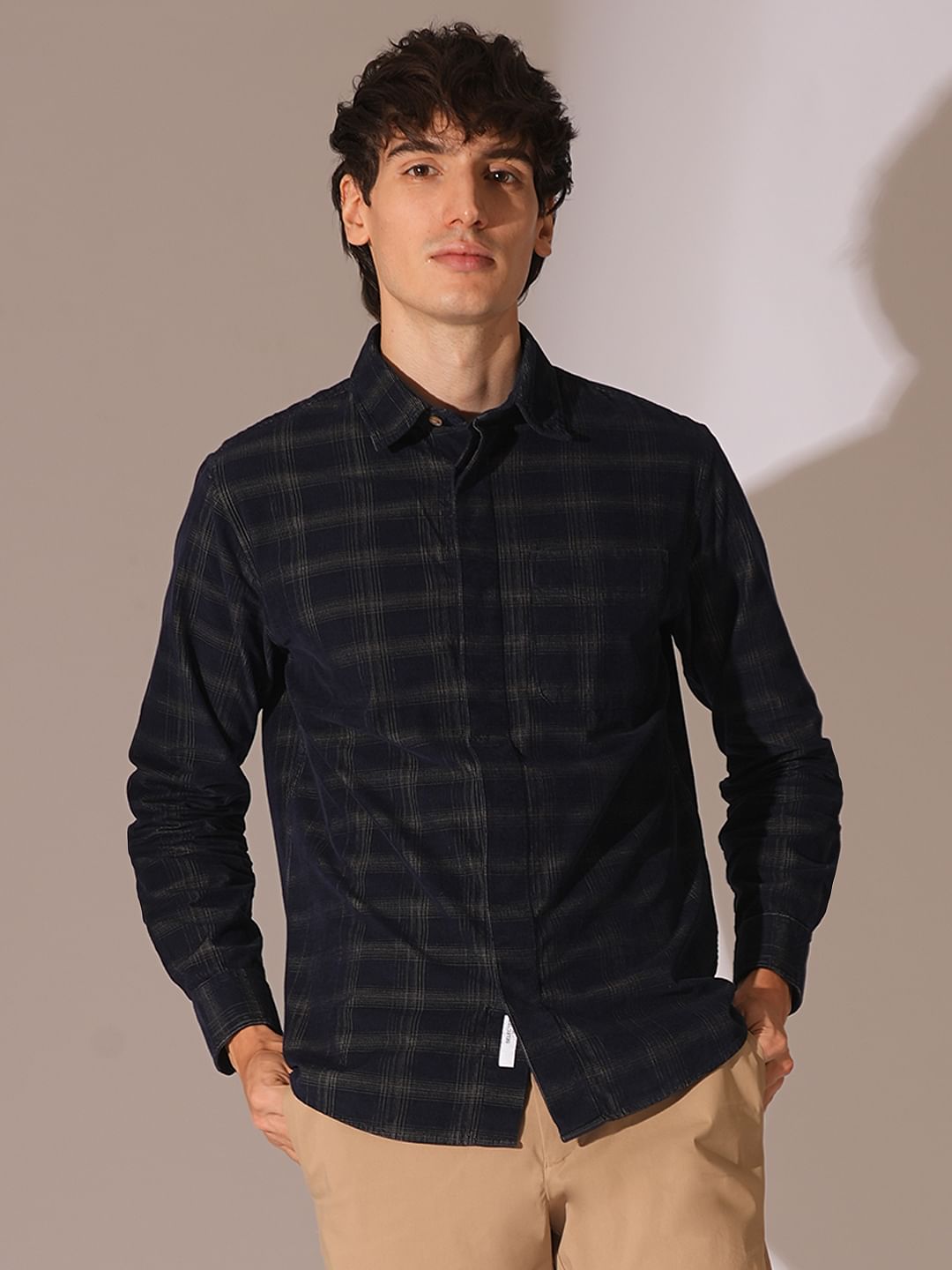 Navy Blue Corduroy Check Shirt