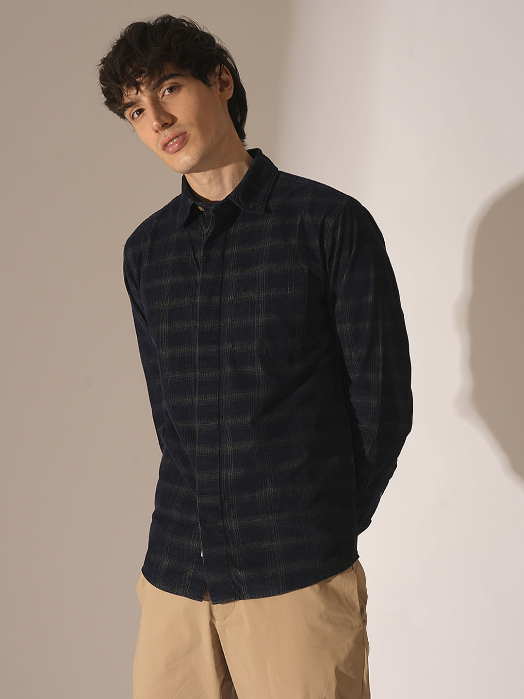 Navy Blue Corduroy Check Shirt