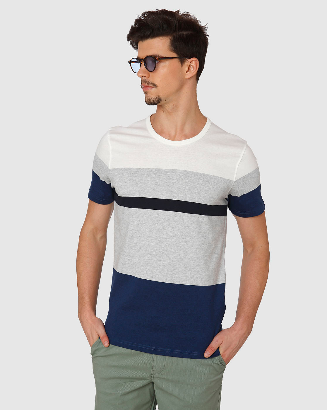 Blue Colour Blocked Crew Neck T-Shirt