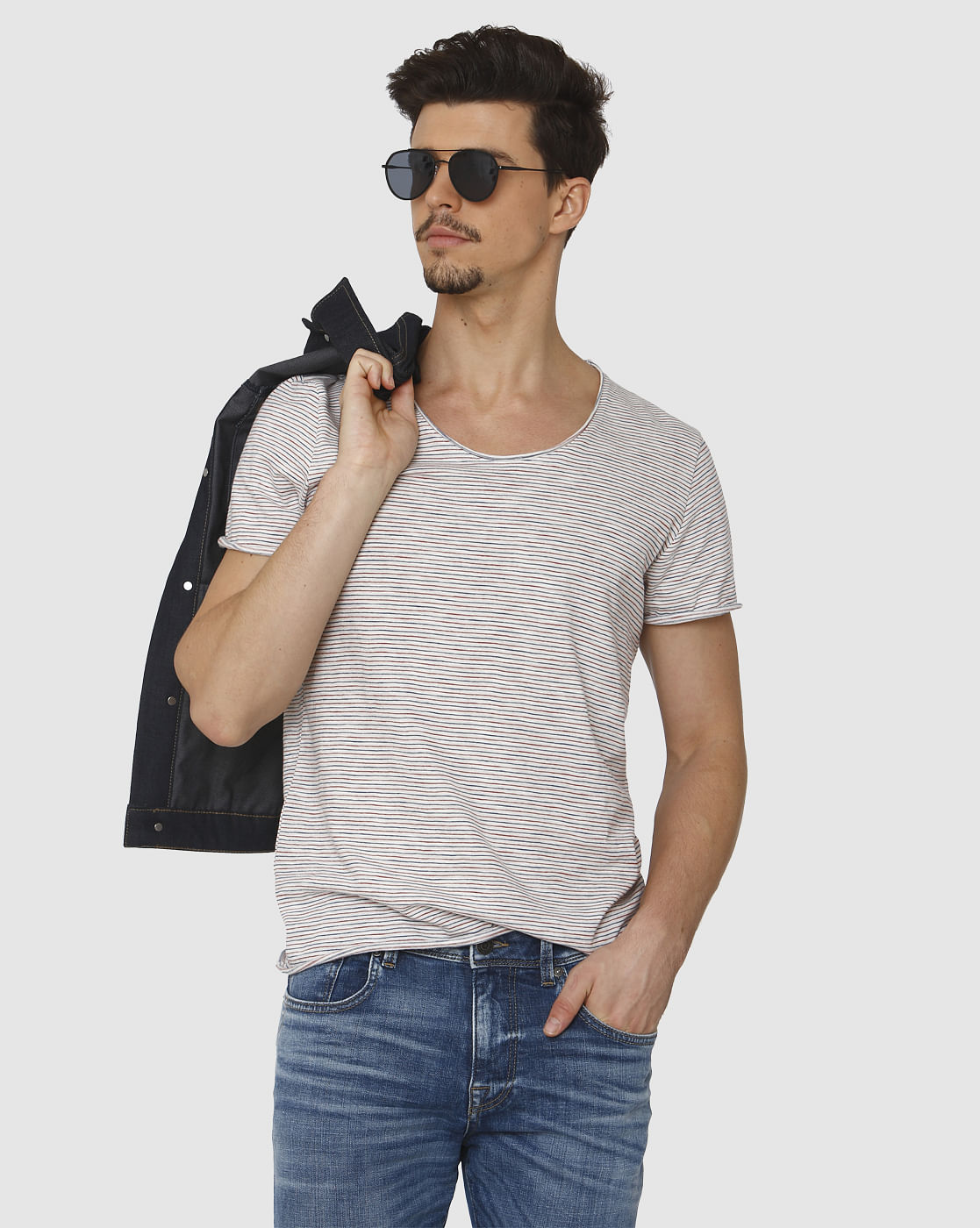 Blue Striped Raw Edge Crew Neck T-Shirt