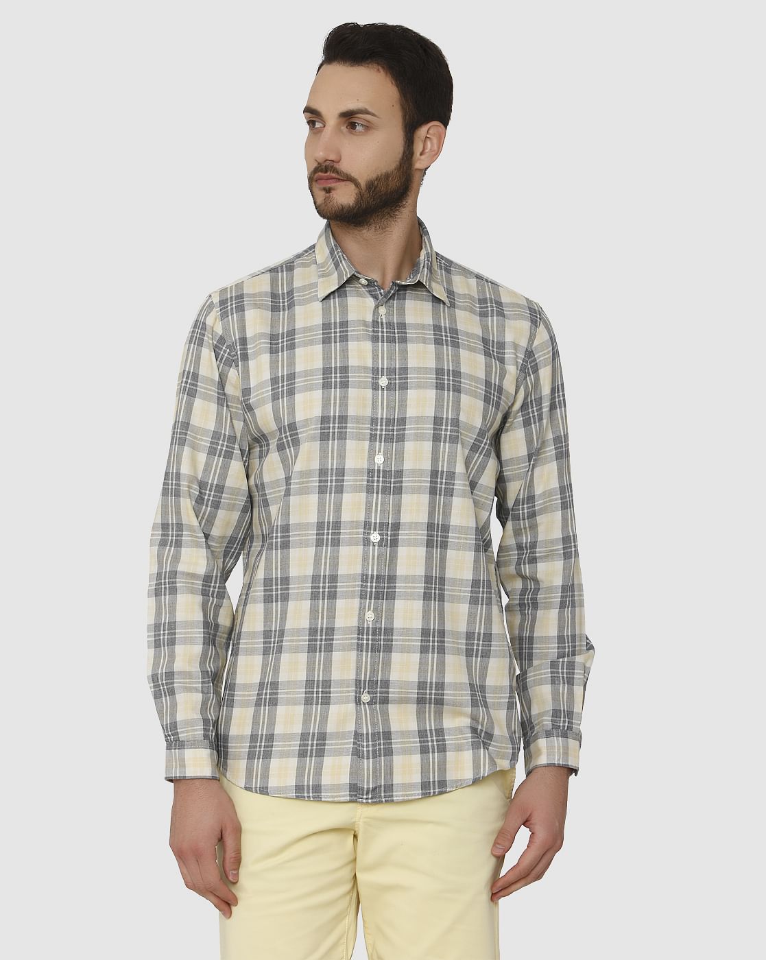 Yellow Check Slim Fit Full Sleeves Shirt