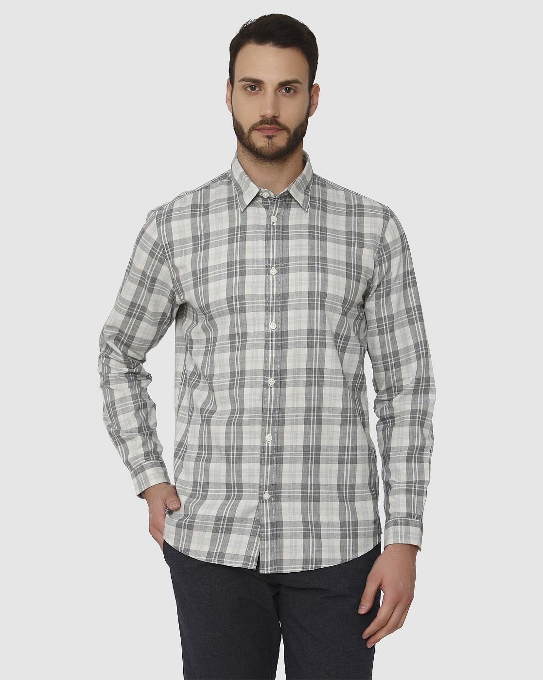 Grey Check Slim Fit Full Sleeves Shirt