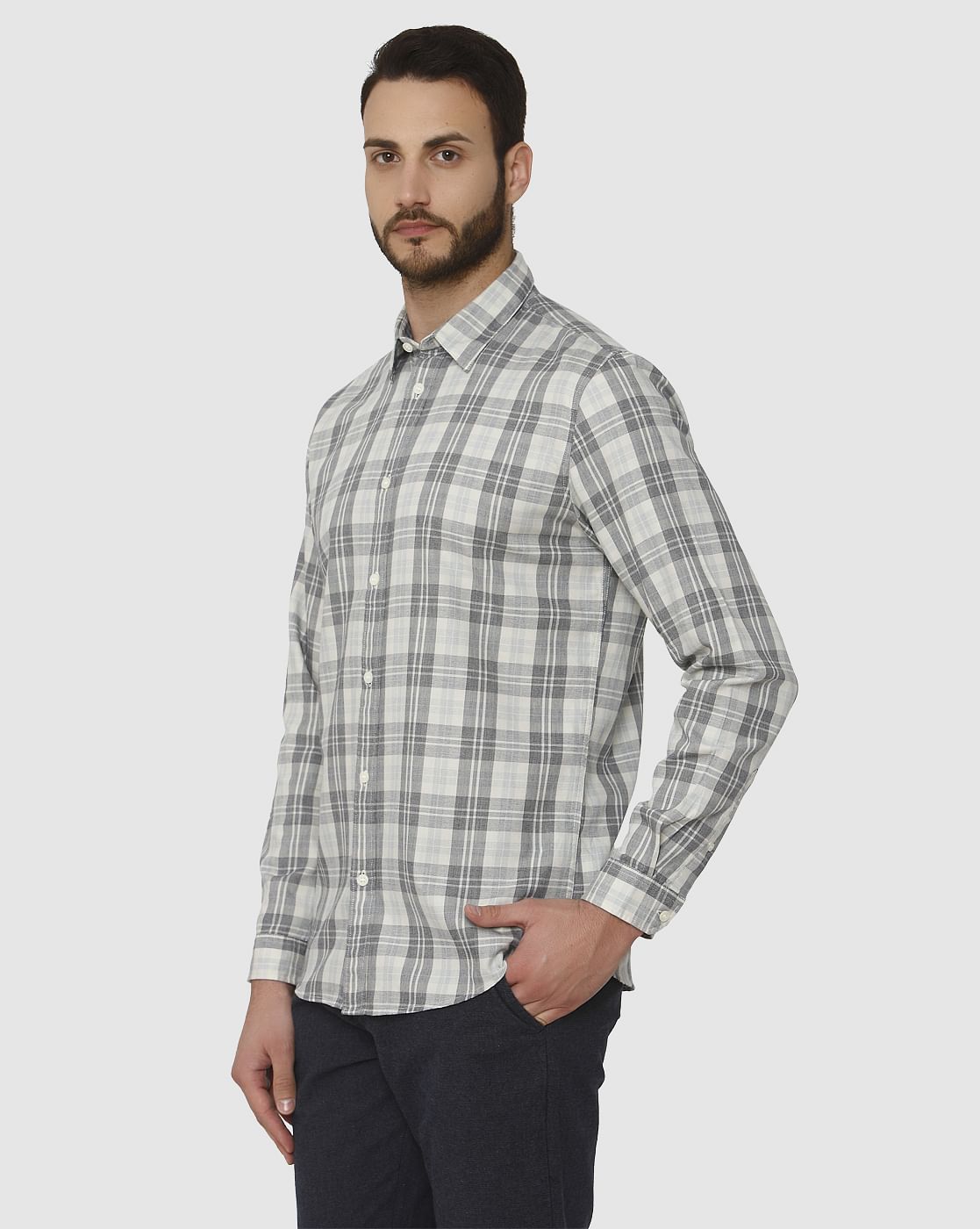 Grey Check Slim Fit Full Sleeves Shirt