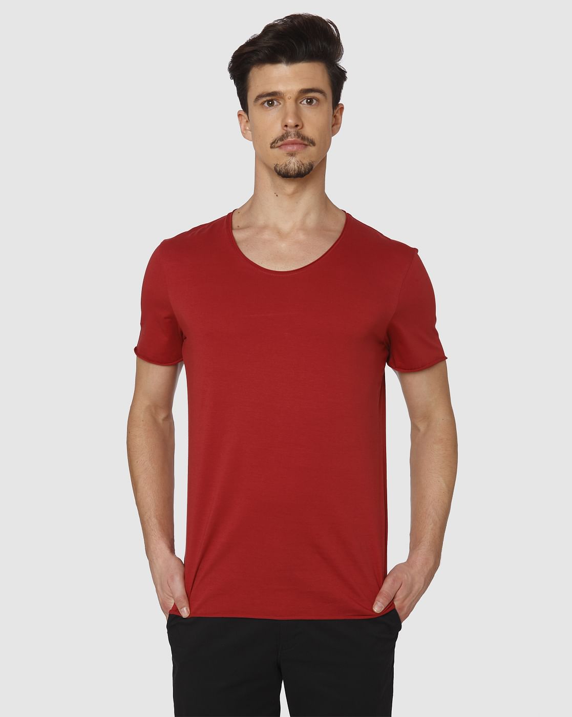Red Raw Edge Crew Neck T-Shirt