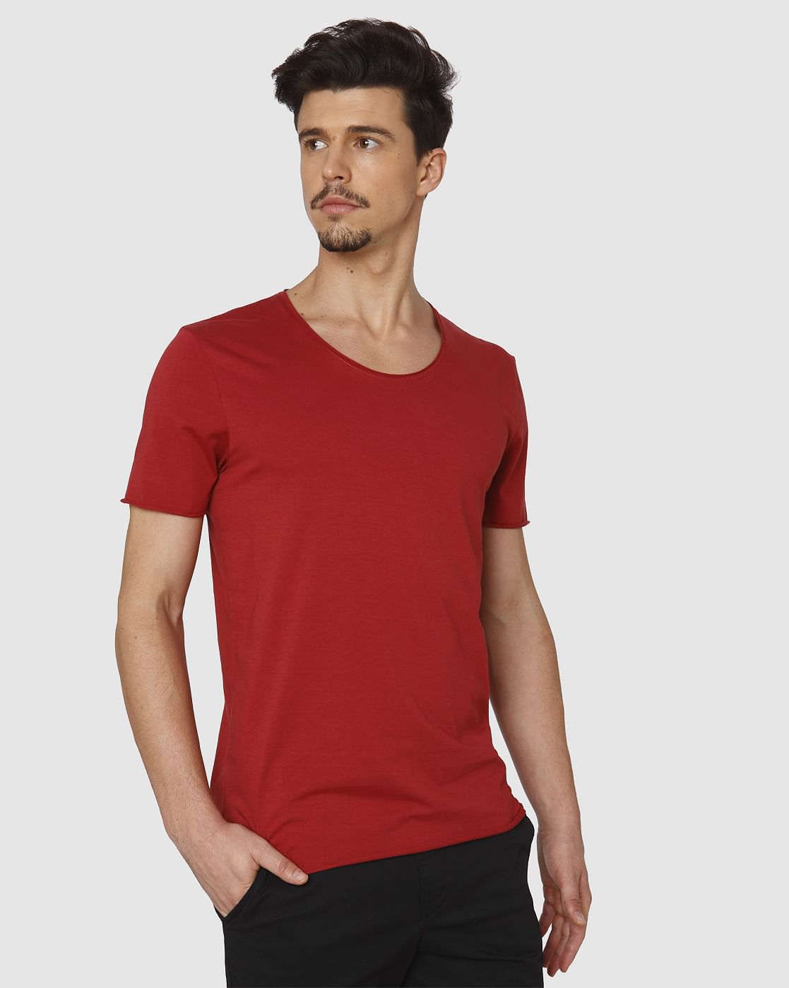 Red Raw Edge Crew Neck T-Shirt