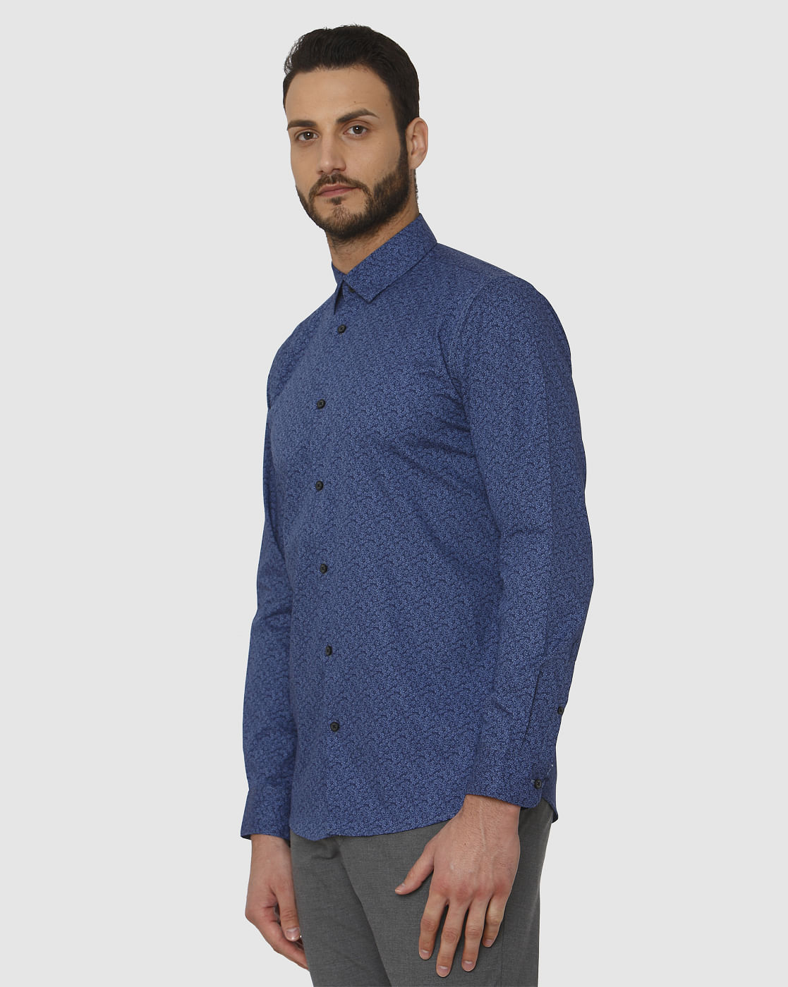 Blue Printed Slim Fit Full Sleeves Shirt