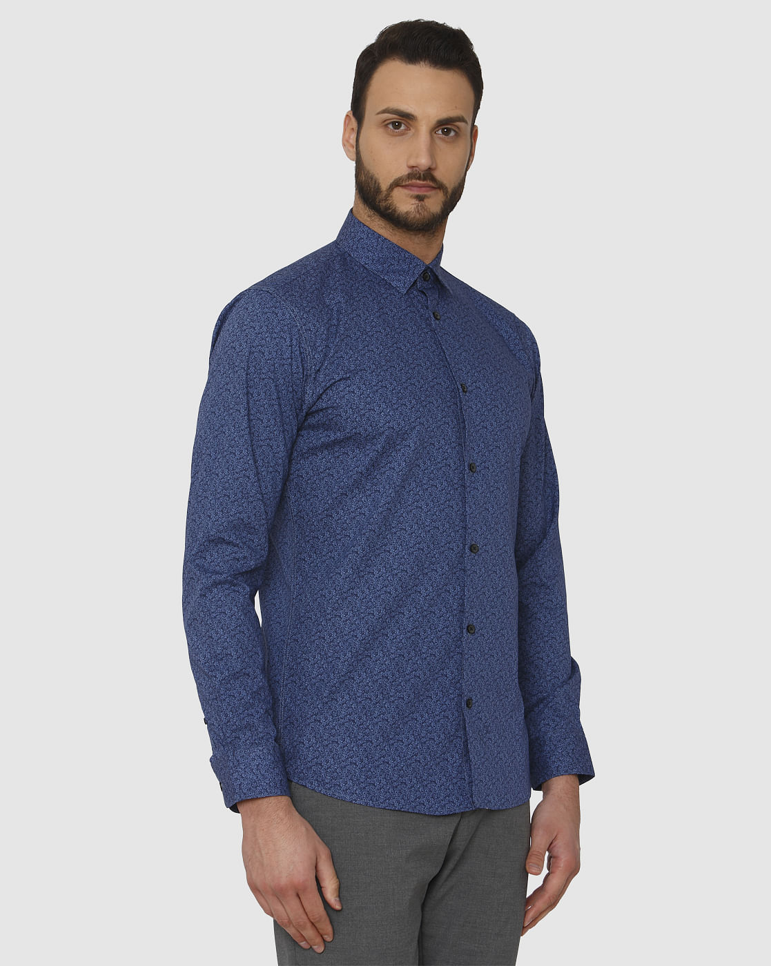 Blue Printed Slim Fit Full Sleeves Shirt