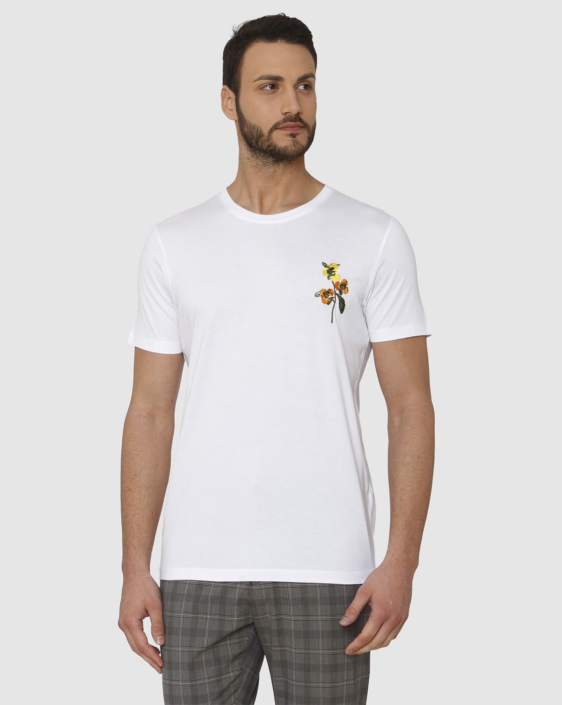 White Floral Print Crew Neck T-Shirt