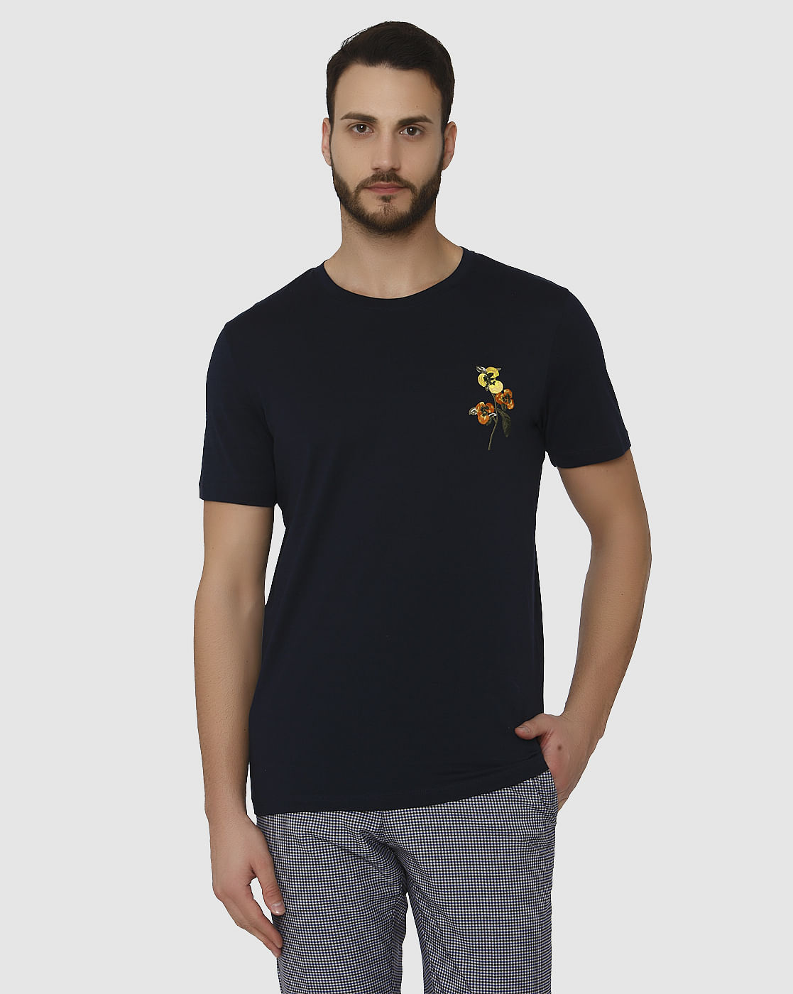 Dark Blue Floral Print Crew Neck T-Shirt