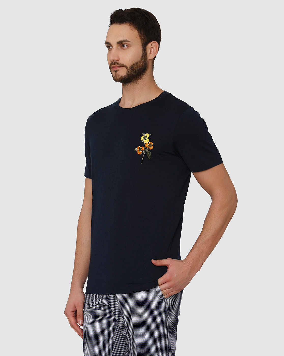 Dark Blue Floral Print Crew Neck T-Shirt