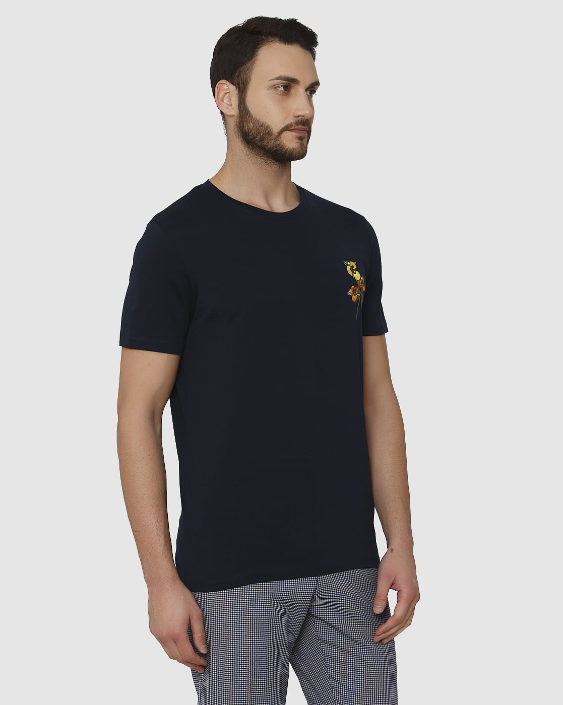 Dark Blue Floral Print Crew Neck T-Shirt