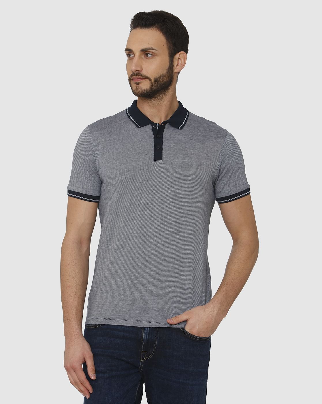 Blue Contrast Tipping Polo Neck T-Shirt