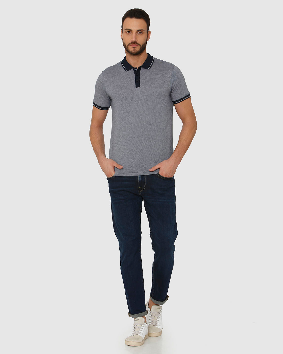 Blue Contrast Tipping Polo Neck T-Shirt