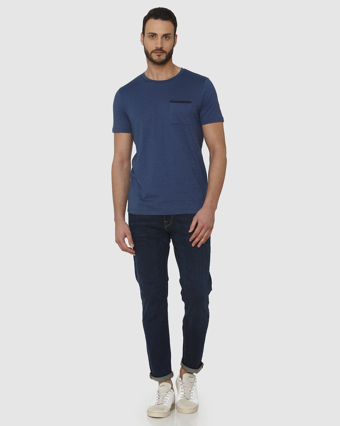 Blue Front Chest Pocket Crew Neck T-Shirt