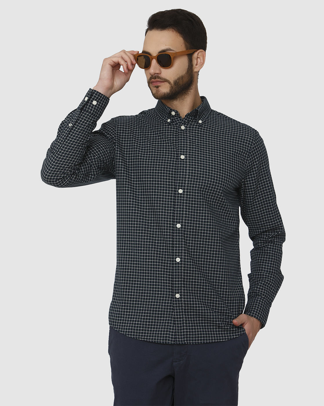 Dark Blue Checks Slim Fit Full Sleeves Shirt