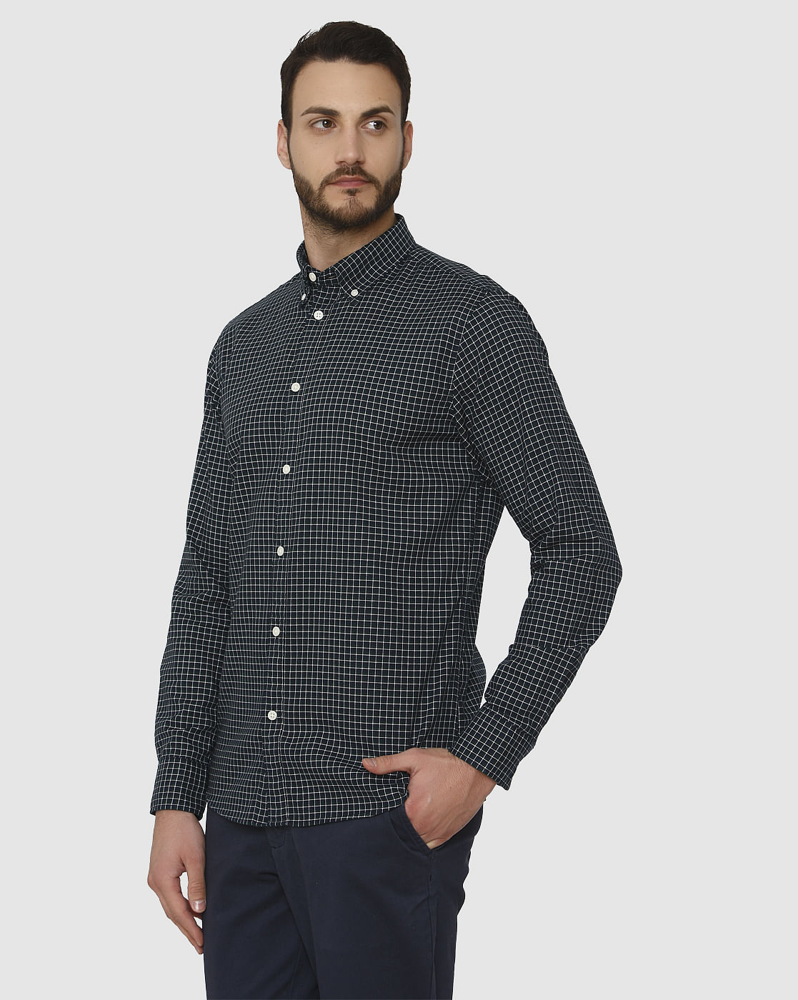 Dark Blue Checks Slim Fit Full Sleeves Shirt