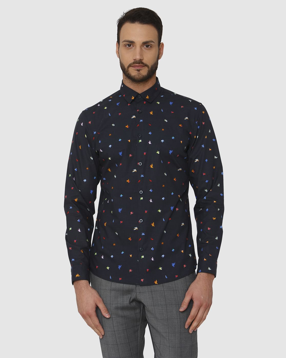 Dark Blue All Over Print Slim Fit Full Sleeves Shirt
