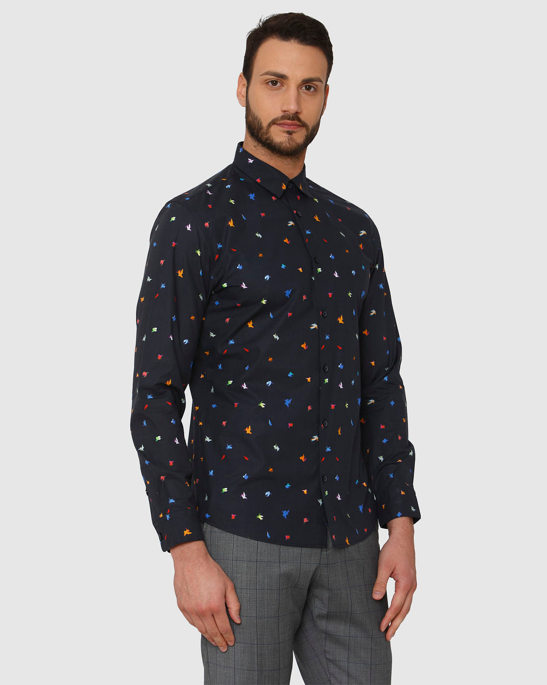 Dark Blue All Over Print Slim Fit Full Sleeves Shirt