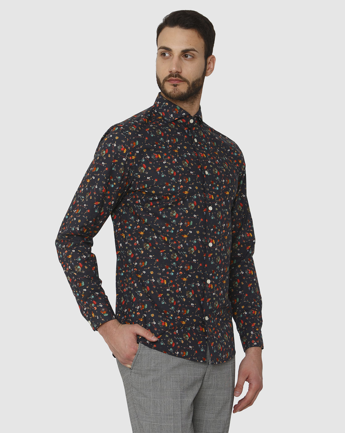 Dark Blue All Over Print Slim Fit Full Sleeves Shirt