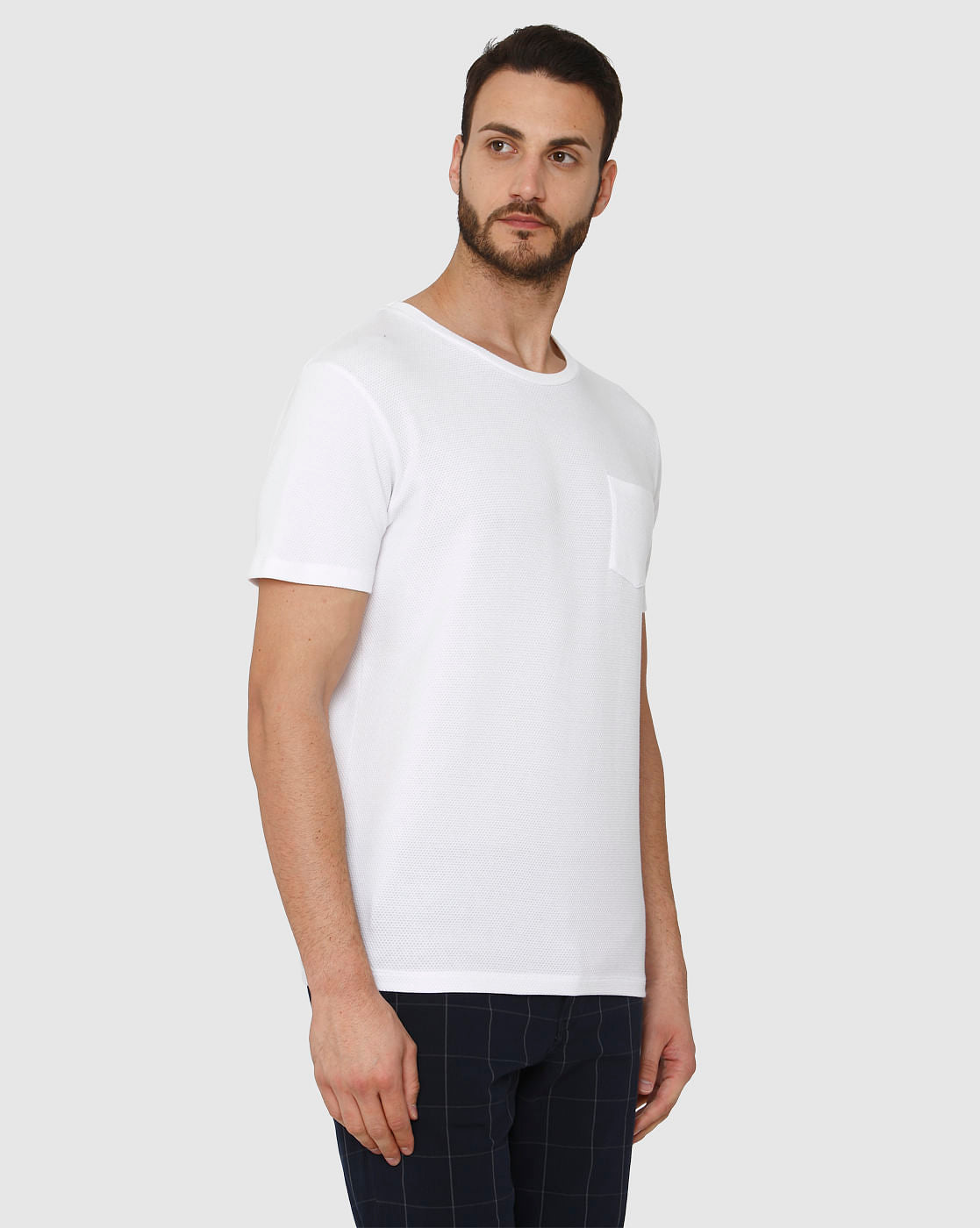 White Front Chest Pocket Crew Neck T-Shirt