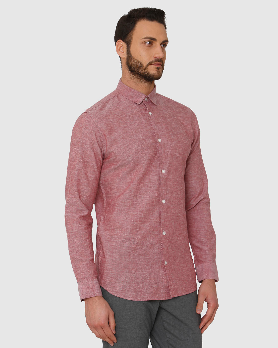 Red Faded Linen Slim Fit Full Sleeves Shirt