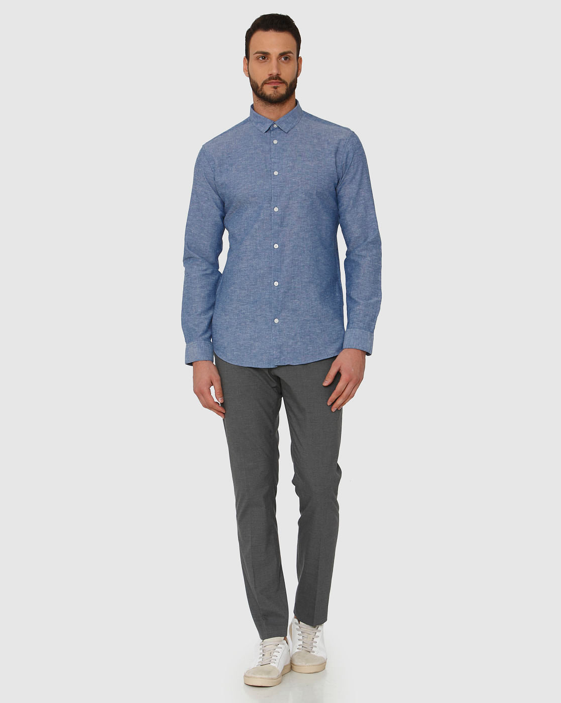 Blue Faded Linen Slim Fit Full Sleeves Shirt