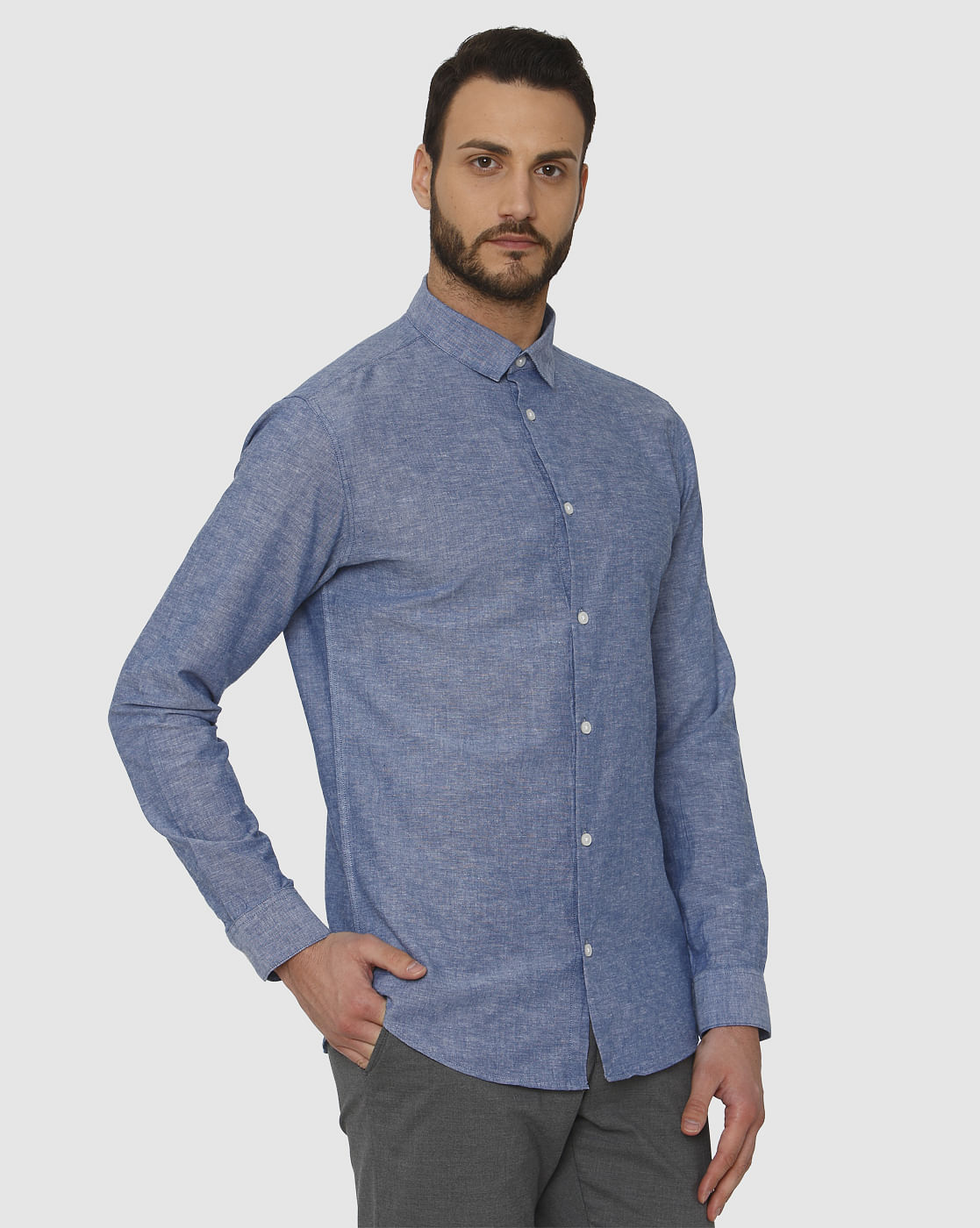 Blue Faded Linen Slim Fit Full Sleeves Shirt